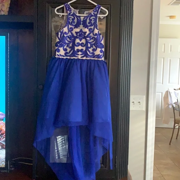 Rare Editions Blue Girls 7-16 Embroidered Mesh High Low Dress